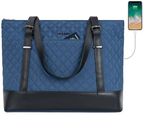 KROSER Laptop Tote bag 15.6 Inch Large Shoulder Bag Lightweight with USB Charging Port Water-repellent Nylon Computer Tote Bag Women, Blue