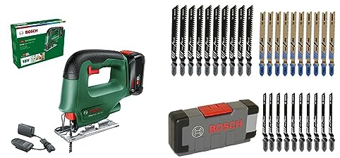 Bosch Akku Stichsäge EasySaw 18V-70 (2,0 Ah Akku, 18 Volt System, 1 Stichsägeblatt, Ladegerät AL 18V-20, im Karton) + 30tlg. Stichsägeblatt Set Basic for Wood & Metal (für Holz & Metall, Zubehör)