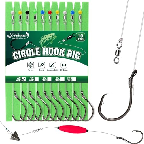 Dovesun 10 Stück Circle Hooks Rigs Angelhaken mit Vorfach Angelhaken Set Hakenlöser Angeln Wels-Rig für Salzwasser Süßwasser Forellenhaken 2/0