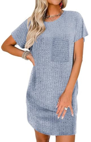 Famulily Ladies Summer Dress Tee Shirt Beach Knee Length Dresses Ribbed Knit Bating Short Sleeve Swing Sundresses Blue L