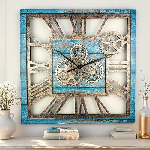 ImprovingLife The Gears Clock Wanduhr, 61 cm, quadratisch, mit echten beweglichen Zahnrädern, Vintage, industriell, übergroß, rustikaler Landhausstil (Ozeanblau)