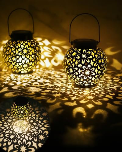 MOXTOYU Solar Lanterns Light, 2Pack Outdoor Solar Lanterns with IP44 Water Resistant, Auto On Off Metal Yard Art Garden Lights for Lawn (Dark Black)