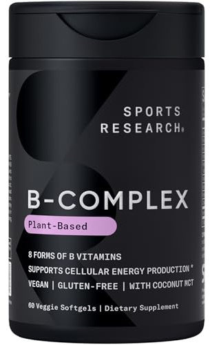Sports Research® Vitamin B-Complex - Full Spectrum of B Vitamins with Methylated B12 & Folate - Gluten Free · Plant-Based · Non-GMO · Vegan-Friendly Formula - 60 Veggie Softgels