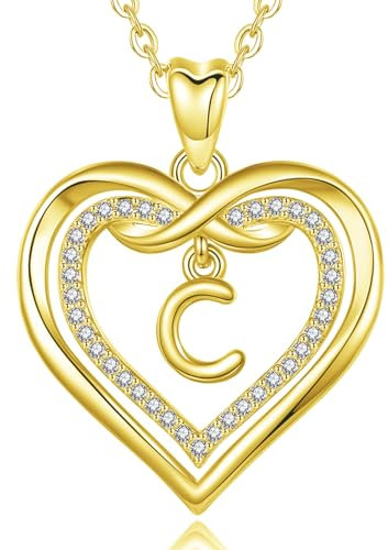AEONSLOVE Damen Buchstaben Kette mit C Kupfer Gold Herz Buchstaben Anhänger Frauen Mädchen Namenskette Letter Necklace Initialen Alphabet Schmuck Geschenk