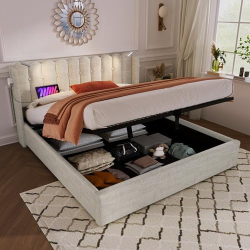 Zravenna Bett 140x200, Stauraumbett mit Bettkasten, Doppelbett Bettgestell, Leinenmaterial, Multifunktionsbett, Großer Stauraum, (Ohne Matratze), Beige (Beige, 140x200cm)