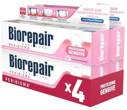 Biorepair, Dentifricio Protezione Gengive Peribioma, 4 Confezioni da 60 ml, Combatte e Previene Problemi Gengivali, con Probiotici, Acido Ialuronico Idratante, Senza Fluoro