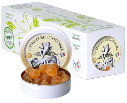Lot de 10 boites Miel Gingembre Pastilles Saint-Ange Bonbons Traditionnels 100% Français Miel Gingembre