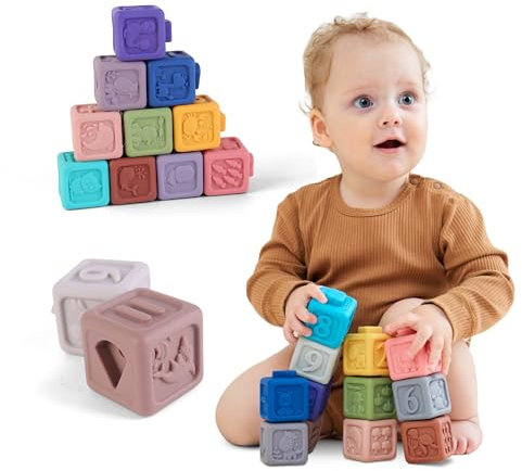 SUPERBE BEBE Juegos Montessori para bebés y niños de más de 6 Meses - Juguetes de Silicona para niños de 1, 2 y 3 años - 12 Cubos sensoriales para Aprendizaje y dentición bebés