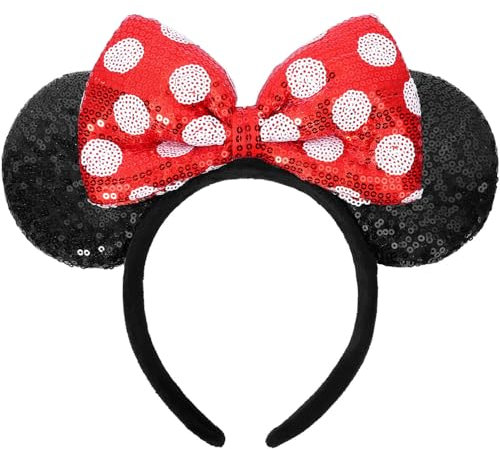 UNKJIN Mouse Ears Headband, Red Polka Dot Ears Headband, Sequin Hairband Princess Party Decoration Cosplay Costume for Women Girls (Red Polka Dots)