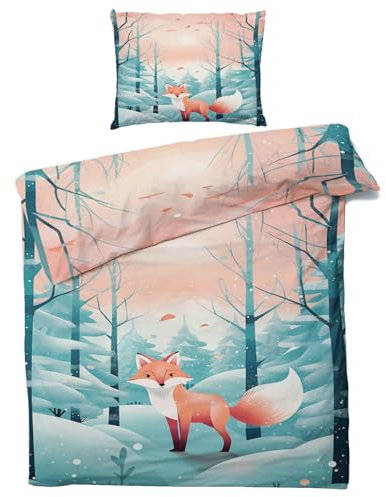 Sommer Bettwäsche 135x200 Fuchs Kinder - Waldtiere Bettbezug 135 x 200 2er Set, Weiche & Angenehme Mikrofaser Bettbezüge & Kissenbezug 80x80, Bettwäsche-Sets mit Reißverschluss A*-26