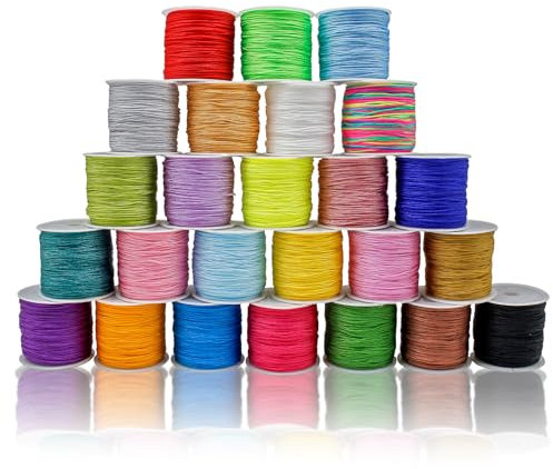 FQTANJU 25 Rolls 1250 Yards Nylon String for Bracelets, 25 Colors Chinese Knotting Cord, 0.8 mm Nylon Cord for Jewelry Making, Beading, Necklaces, Kumihimo, Braided Bracelets, Tassels and DIY Craft 