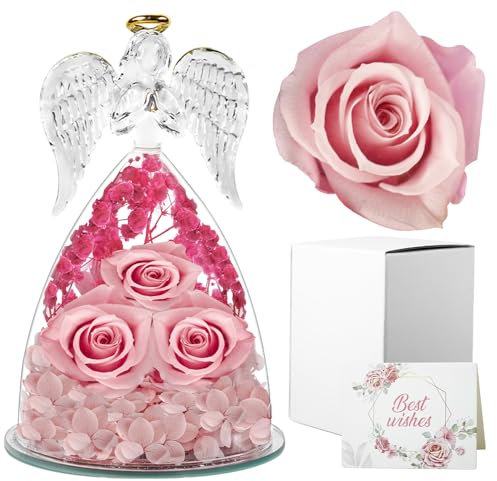 Cynrikah Rosa Stabilizzata, Regalo Festa Della Mamma Rose Stabilizzato Angelo di Vetro Rose Eterna Stabilizzata Statuette Angeli Rosa Vera Regalo Anniversario, Compleanno per Moglie Madre Nonna