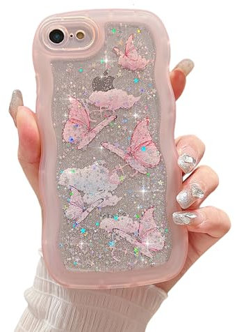 ZTUOK Compatible with iPhone 7/8/SE 2020/SE 2022 Case for Girls,Cute Clear Sparkly Bling Star Butterfly Wave Case Shockproof Protective Slim Soft TPU Glitter Cover for iPhone 7/8/SE 2/SE 3-Pink