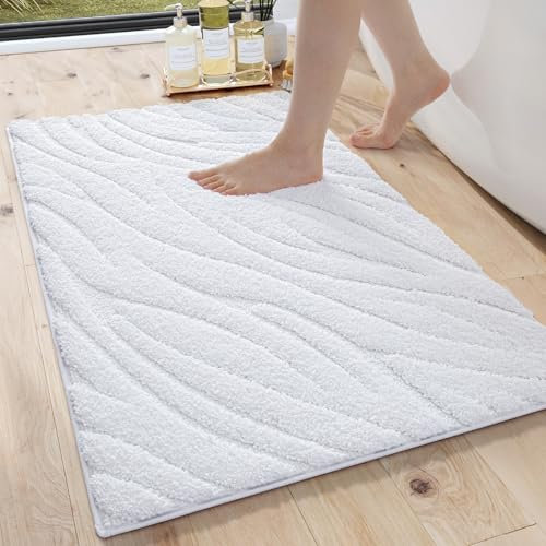 DEXI Absorbent Bath Mat 44 x 76 cm, Soft Bathroom Mats with Non Slip Backing, Machine Washable Microfiber Rug for Shower Floor, White