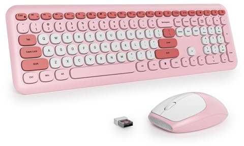 SbocKeeb Pink Keyboard and Mouse Wireless, Full-Size Cute Typewriter Silent Colorful Keyboard Mouse Combo 2.4G Cordless Connection, American QWERTY for Desktop, Laptop 666Pro-Pink