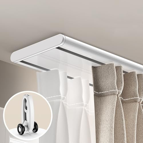 MZQMK Gardinenstange 3m, Vorhangschiene 2 Läufig, Vorhangschiene Deckenmontage, Mit Stummen Rollen, Für Schiebevorhänge, Gardinen Und Vorhänge(White,1.4m(4.6ft))