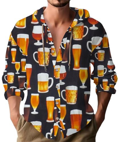 Oodie Herren-Pullover, trendiger Herren-Pullover mit Revers, Bierdruck, lässiger Kapuzenpullover, Winterpullover für Herren, gelb, XXL