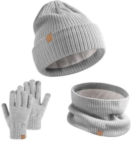 GWAWG Kinder-Wintermütze, Schal, Handschuhe, Set, 3-teilig, warm, Thermo-Strickmütze, Schlauchschal, Halswärmer, Touchscreen-Fäustlinge, weiches Fleecefutter, elastisch, für Kinder im Alter von 5–12