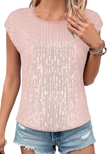 Segreto Damen Rundhals Locker Pailletten Tops Cap Ärmel Oberteil Party Glitzer Bluse Tanktop Shirt Cocktail Festliches Outfit