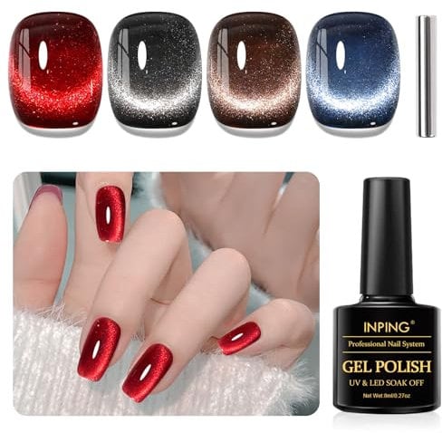 INPING UV Nagellack CatEye Magnet, 4 Farben Rot Schwarz Braun Blau Glitzer Gel mit Magnet, 9D Cat Eye UV Gel Nagellack Soak Off Nail Polish für Frauen Nail Salon DIY, 8 ML