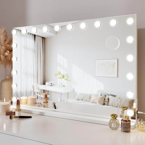 Dripex Hollywood Vanity Mirror with Lights, 90×60cm Large Makeup Mirror with 20 Dimmable LED Bulbs, 3 Lighting Modes, Type-C and USB Output Port, Tabletop or Wall Mounted Light Up Mirror For Bedroom