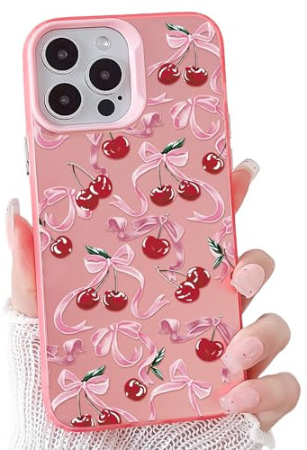 NITITOP Compatible with iPhone 13 Pro Max Case Cute Aesthetic Bow Ribbon for Women Girls Bowknot Shockproof Slim IMD Pink Hard Back Protective Phone Cover - Cherry