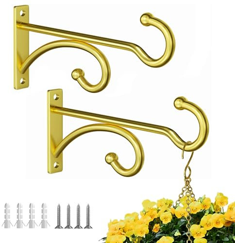 2 Pcs 15cm (6 Inches) Planter Hooks for Hanging Plants - Plant Hanger Hook Indoor Outdoor, Plant Wall Hooks, Brackets for Hanging Plants, Baskets, Wind Chime, Bird Feeder, Bird House (Gold, Metal)
