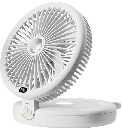 Sungive 2-in-1 Tischventilator, 5 Blätter, 6 Geschwindigkeiten, faltbar, mit Haken, USB 4000mAh, 3-stufige LED, 120° Oszillation, 90° Neigung, 15 Stunden Autonomie, praktisch.(Weiß)