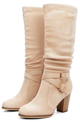 Ermonn Womens Mid Knee High Boots Chunky Heel Slouchy Metal Buckle Side Zipper Fashion Winter Shoes