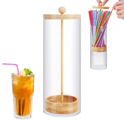 Straw Dispenser - Acrylic Countertop Straw Holder, Waterproof Lid Dispenser + Clear Non‑Slip Glass Container, Lid Straw Organizer, Restaurant & Classroom Drink Straw Station, Home Kitchen Use