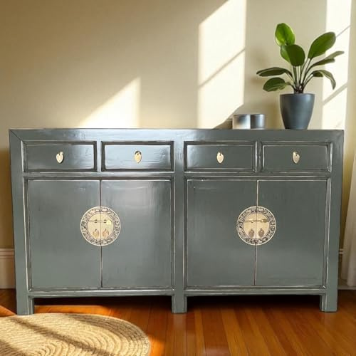 OPIUM OUTLET chinesische Kommode Asia Möbel asiatisches Sideboard orientalischer Schrank Anrichte Büffet Hochzeitsschrank Vintage komplett montiert dunkel-grau