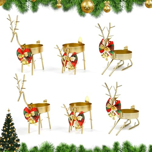Fuhesgu 6 Stück Teelichthalter Rentier Kerzenständer Weihnachten Kerzenhalter Hirsch Weihnachtsdeko Kerzenleuchter Weihnachtlich Kerzenteller für Abendessen Halloween Tischdeko Weihnachtsfeier