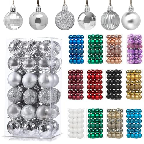 36Pcs Silver Baubles for Christmas Tree Decorations,40mm/1.57 Small Xmas Bauble Hanging Ball,Christma Balls Ornaments with String,Shatterproof Grey Christmas Baubles for Xmas Tree Holiday Party Decor