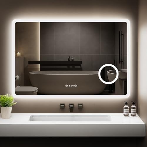 GIMBELEN LED Badezimmer Spiegel mit Uhr 100 x 60 cm, 3 Lichtfarben, Dimmbar, 3-facher Vergrößerung, Anti-Beschlag, Speicherfunktion, IP44 wasserdicht