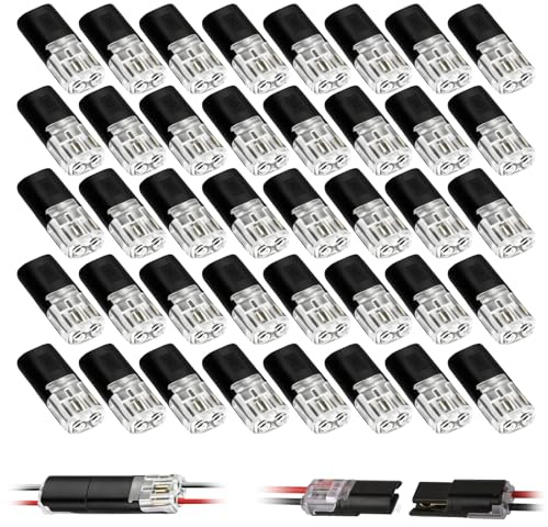 40 Pcs Quick Electrical Wire Connector, No Stripping D2 Waterproof 2 Pin Cable Connector, Solderless Wire Connectors Push Fit for 18-22 AWG Wires, Free-Crimp and Plug-in Cable Terminals for LED