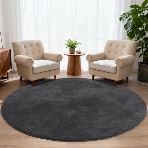 iEvery Teppich Rund 200 cm Durchmesser - Waschbarer Kuscheliger Kurzflor Teppich, Weich & Pflegeleicht Moderner Carpet rutschfest für Schlafzimmer Wohnzimmer Bettvorleger & Kinderzimmer, Anthrazit