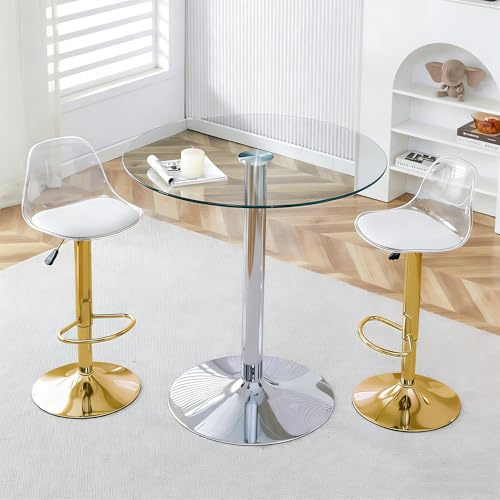 JCFEIDQW Bar-Set, Esstisch mit 2 Stühlen, Esstisch-Set, 89cm Runder Glastisch + 2 Hocker mit Beinen, 360°-Drehung, Höhenverstellbar & Drehbar, für Wohnzimmer, Küche, Essbereich (Silber+Gold)