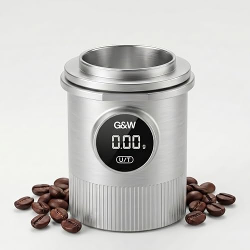 G&W Kaffee Dosing Cup Waage 58 mm, Digitale Espressowaage mit Becher, 0,05–0,1 g Genauigkeit bis 500 g, USB-C Wiederaufladbar, Edelstahl SUS304, für 58 mm Siebträger & Kaffeemühle, Silber