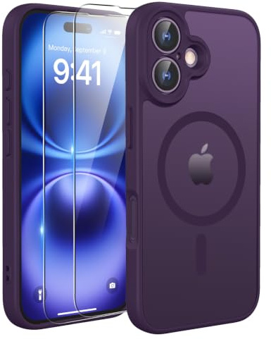 TQIAHF Cover Custodia Magnetica per iPhone 16, Viola | 2 Pellicola Vetro Temperato Protezione Schermo Compatibile con Magsafe Militare Antiurto Sottile Opaca Telefono Case