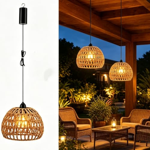 2er Set Rattan Hängelampe | Batteriebetriebene, Hängelampe Outdoor, Boho Pendelleuchte mit Rattan Lampenschirm, IP44 Wasserdicht, E27 Fassung, 100cm Aufhängung, Innen Außen [Energieklasse A]