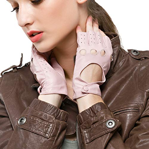 Nappaglo Damen klassisch Halbfinger Lederhandschuhe für fahren Fingerlose Lammfell Fitness Outdoor ungefüttert Handschuhe (M (Umfang der Handfläche:17.8-19.0cm), Rosa)