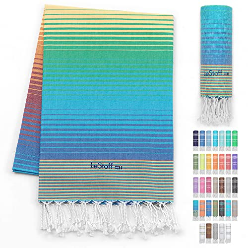 LeStoff Hamamtuch - 100% Bio-Baumwolle, 95 x 180 cm, Vorgewaschen, Saugstark, Schnelltrocknend, Leicht, Kompakt, Sandfrei, Strandtuch, Reisehandtuch, Badetuch, Handtuch groß, Liegetuch (Rainbow)