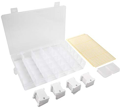 Aufbewahrungsbox für Stickgarn, Set von 120 Stickgarn-Spulen aus weißem Kunststoff, Box mit 36 Fächern, 476 runde blanco Aufkleber, Basteln, DIY, Nähen, Aufbewahren