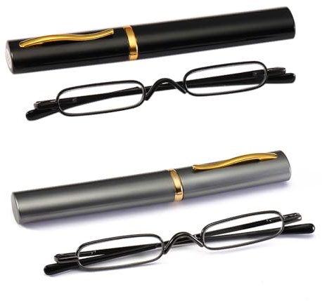 KoKoBin 2er pack Mini Schmal Lesebrille Federscharnier Metall Lesehilfe Unisex-Sehhilfe mit Etui +2.0