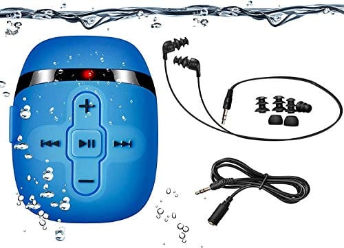 SEWOBYE Waterproof MP3 Player for Swimming, Waterproof Headphones with Short Cord, MP3 Swimming Waterproof Underwater 3m, Random Play Function (Blue) (Blu)