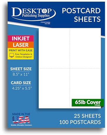 29,5 kg weiße bedruckbare Postkarten – blanko Postkartenpapier – perforiert 4 pro Blatt – für Tintenstrahldrucker / Laserdrucker – 25 Blatt / 100 Postkarten