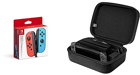 Nintendo Joy-Con 2er-Set Neon-Rot/Neon-Blau & Amazon Basics - Reise- und Aufbewahrungsbox für die Nintendo Switch, Schwarz
