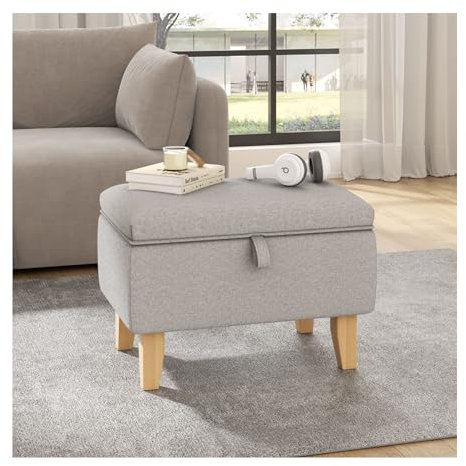 INMOZATA Linen Storage Footstool Upholstered Ottoman Footstool with Storage Pouffe Stool Change Shoe Footrest With Wooden Legs for Living Room Bedroom Light Grey
