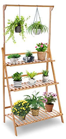 3 Layer Bamboo Plant Pots Ladder Shelf, Flower Plant Pots Ladder Rack with Hanging Rod, Bamboo Plant Rack for Outdoor Balcony or Indoor Living Room, Foldable Garden Plant Shelf for Plant Display
