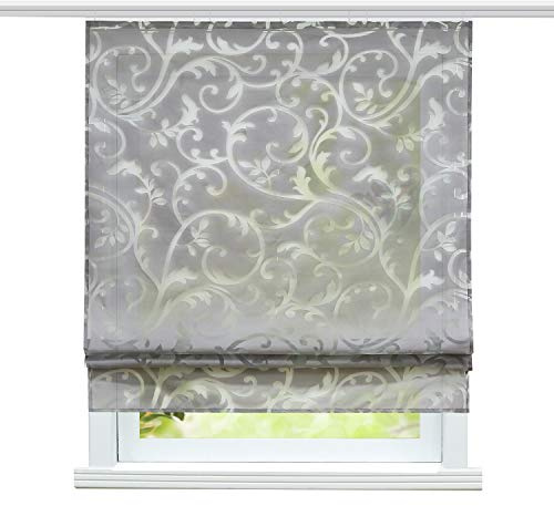 ESLIR Raffrollo Klettband Wohnzimmer Raffgardine Ausbrenner Grau 80x140 | GardinenKüche,VorhängeTransparent,Bändchenrollo Modern,Fensterrollo innen,1Stück,mit Klettschiene,Voile,Landhaus